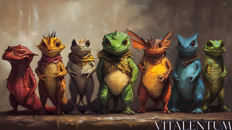 Whimsical lizard companions lined in vivid chromatic harmony.