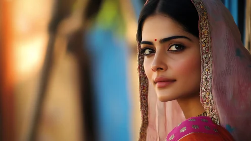 Portrait of Indian woman in embroidered pink dupatta