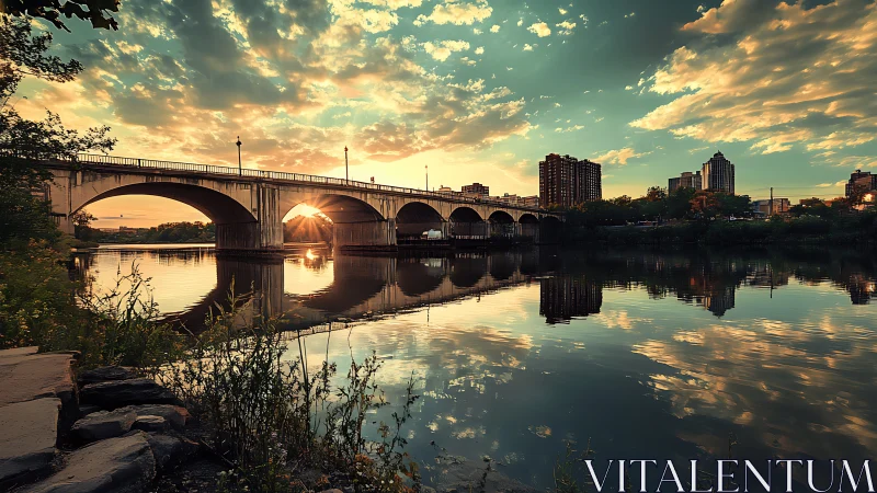 Sunlit stone bridge spans calm river under glowing sky.