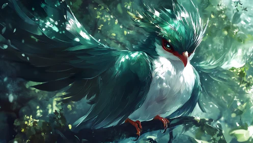 Majestic Fantasy Bird with Emerald Plumage in Lush Forest, Digital Art.