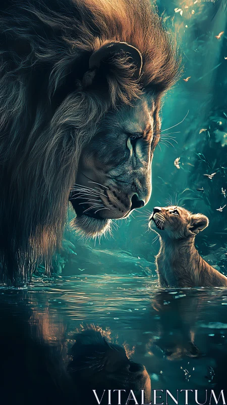 Lion and Cub in Turquoise Waters Share Tender Moment