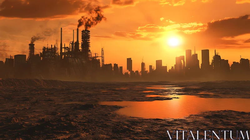 Industrial skyline under harsh orange polluted sunset.