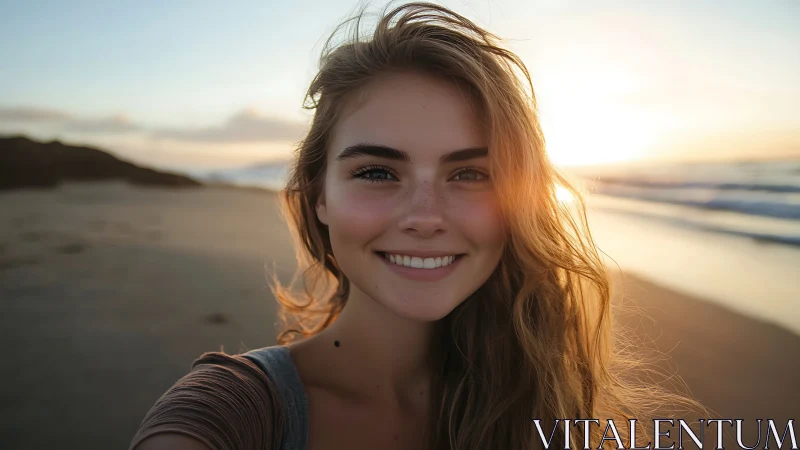 Sunlit beach portrait captures a carefree golden hour smile.