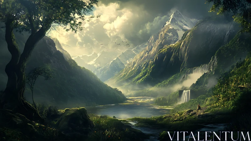 Mountain valley landscape with river, forest and waterfall.
