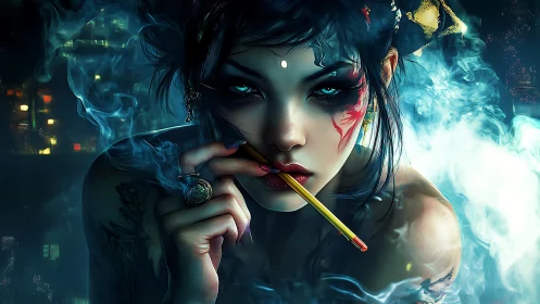 Cyberpunk geisha exhales neon smoke through opium pipe.
