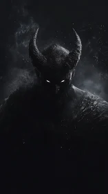 Horned shadow demon portrait in low key monochrome smoke
