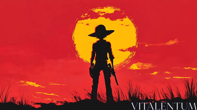 Digital painting silhouette of lone gunslinger at sunset.