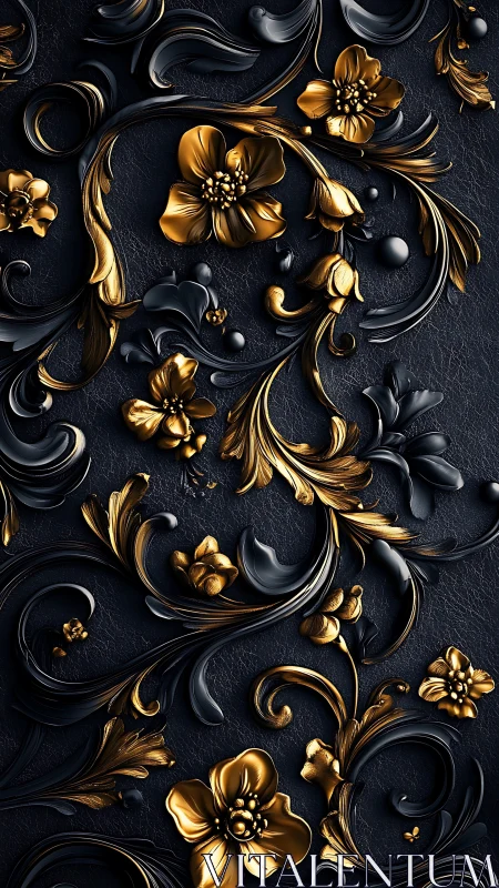 Golden floral swirls on deep charcoal textured backdrop.
