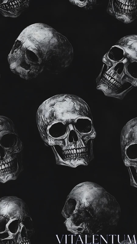Grayscale human skull pattern on dark textured background.