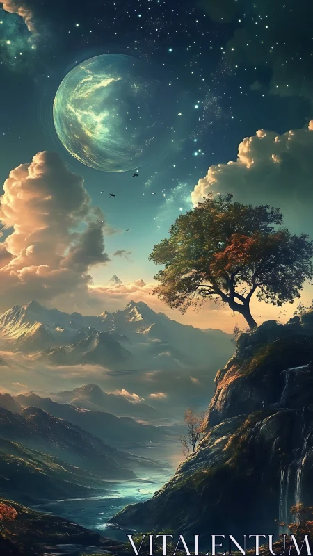 Celestial valley landscape renders surreal terrestrial panorama