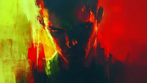 Moody male portrait in intense abstract red and green.