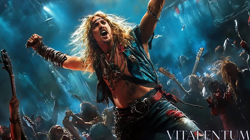 Rock vocalist on stage with crowd under blue backlighting.