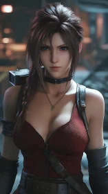 Focused warrior in crimson vest and braided hair detail.