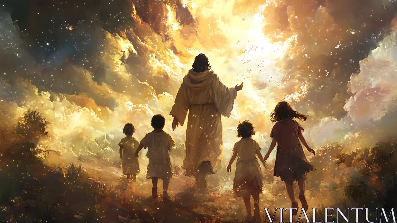 Sunlit guide ushers four children toward a blazing heaven