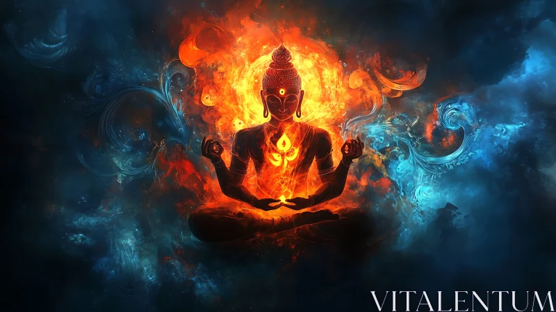 Fiery meditative Buddha radiates energy in cosmic void.