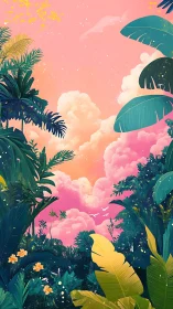 Tropical foliage framing pink sunset sky clouds scene.