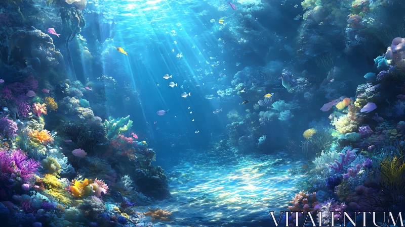 Sunken coral ballroom glows beneath ribbons of sea light.