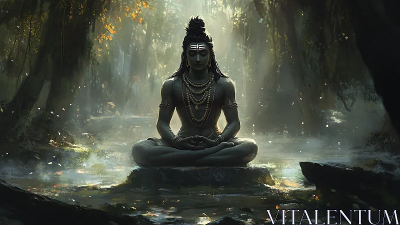 Serene forest meditation of Shiva in luminous misty light.