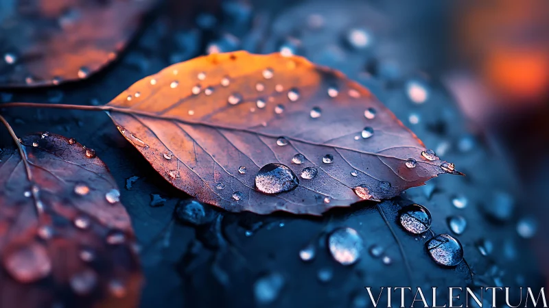 Wet autumn leaf with water droplets in close-up view.