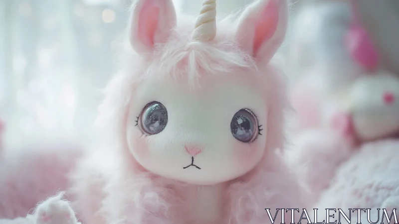 Pastel plush unicorn toy with big sparkling eyes.