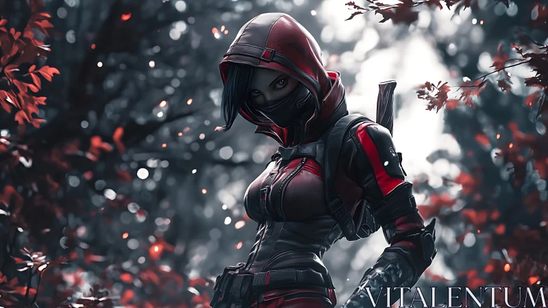 Digital painting rogue assassin in crimson tactical hooded armor.