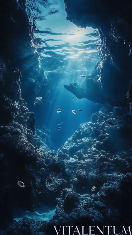 Sunlit blue chasm revealing tranquil undersea cavernscape.