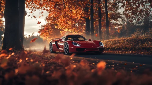 Scarlet supercar glides through a tunnel of blazing autumn fire