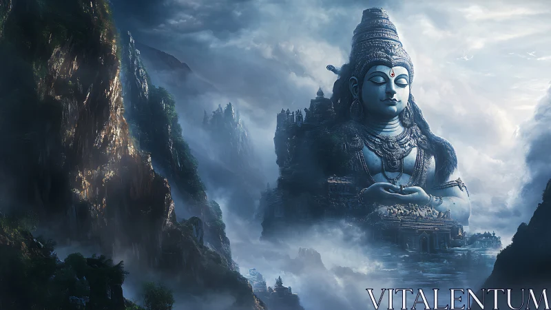 Colossal seated deity statue integrated into misty mountains.