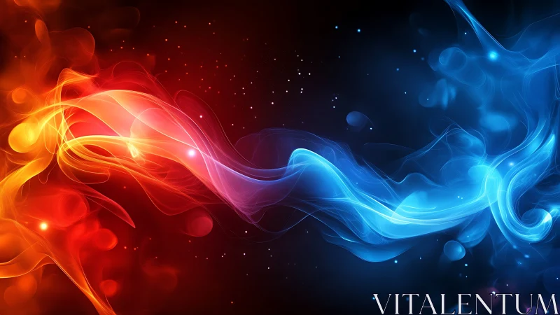 Red and blue luminous energy flows colliding across dark space