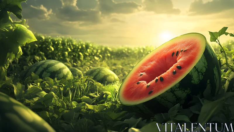 Sunlit watermelon morning in a lush summer field.