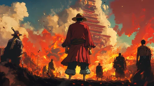 Anime warriors advance toward burning pagoda under flames