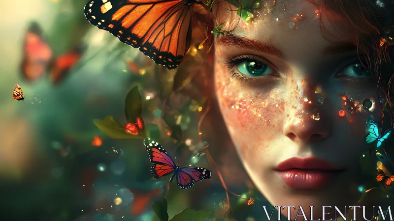 Butterfly-kissed forest muse in sparkling twilight glow.