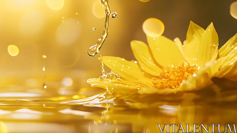 Golden flower rests in reflective water under warm light