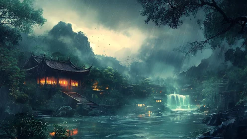 Nocturnal monsoon over illuminated riverside pagoda retreat.