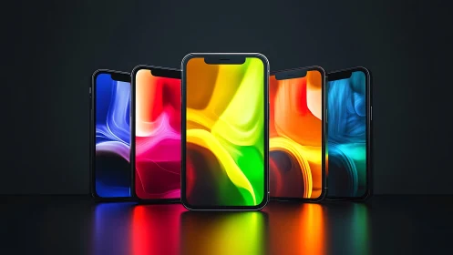 Symmetrical smartphone array with luminous abstract displays.
