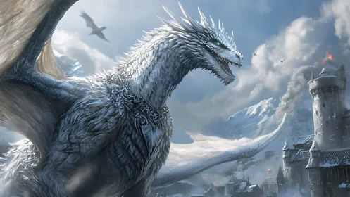 Ice dragon over snowbound fortress with mountain backdrop.