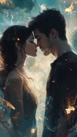 Two figures in ethereal close moment with golden light.