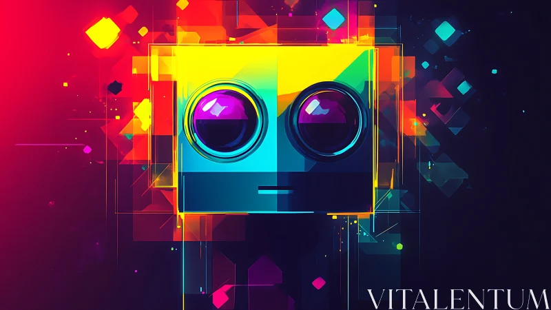 Geometric robot face with neon gradient color fields.