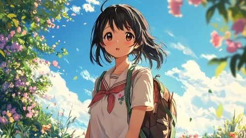 Anime schoolgirl pauses in sunny garden, lost in thought.