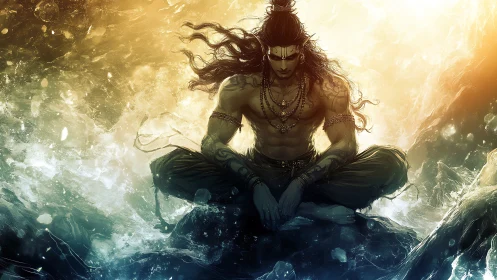 Storm-lit ascetic warrior in meditative sea vortex glow.