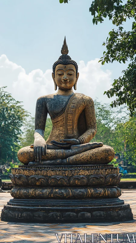 Weathered seated Buddha statue shows aged patina and lotus base