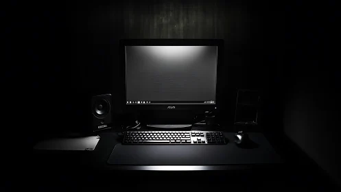 Calm computer desk glowing softly in a dark quiet room.