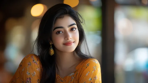 Portrait shows woman in yellow dress with shallow depth of field