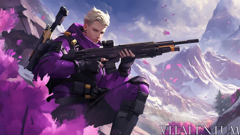 Confident sniper resting among vibrant mountain blossoms.