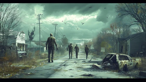 Zombies roam ruined suburban road under storm clouds.