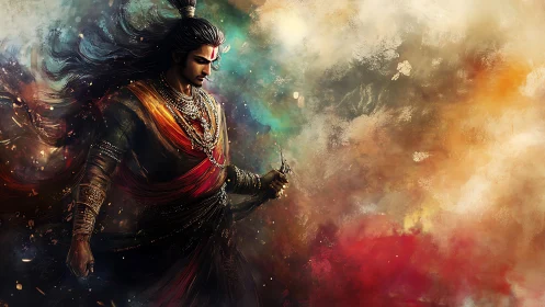 Celestial warrior strides through swirling cosmic embers.