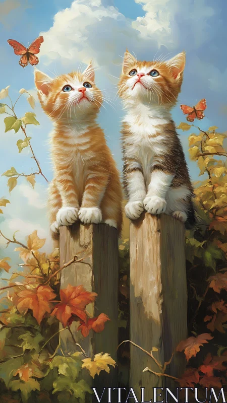 Two Kittens Perched on Wooden Posts Watching Butterflies.