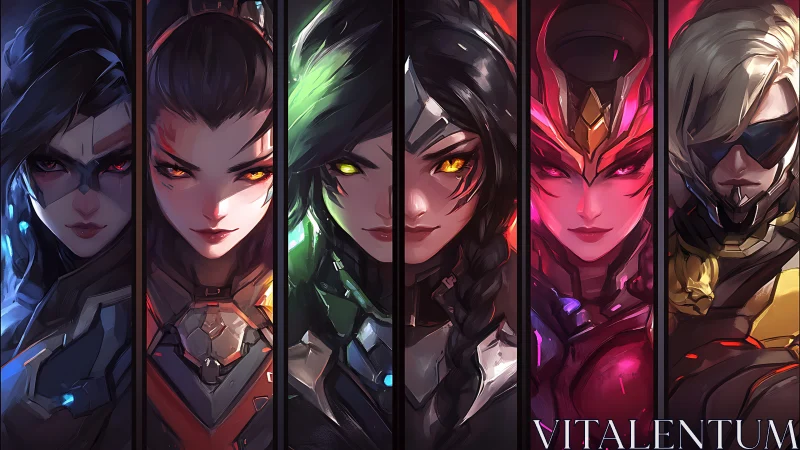 Fierce cyber heroes united in glowing neon battle armor.