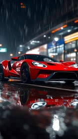 Red mid-engine supercar on wet neon city street at night
