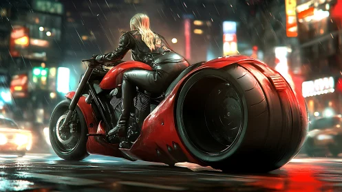 Cyberpunk rain-soaked street rider on red monowheel superbike.